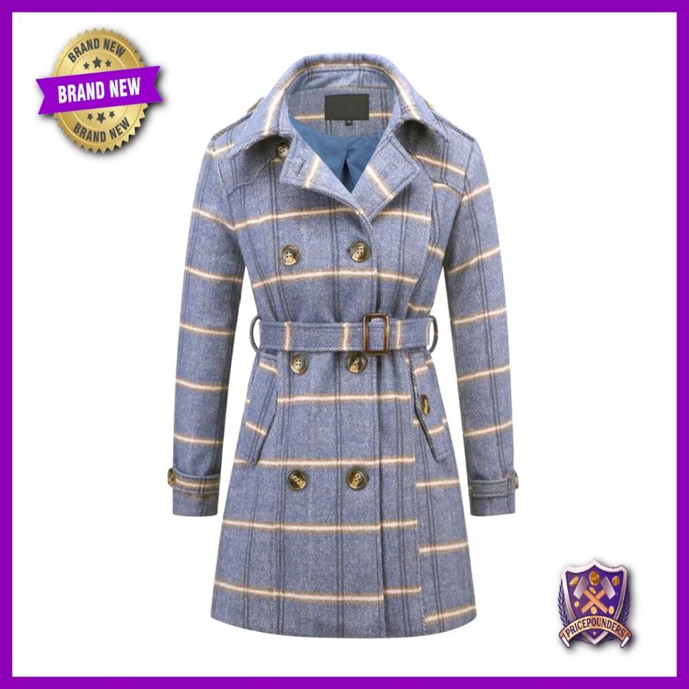Double Breasted Wool Pea Coat Long Winter Trench Belted Classic Chic